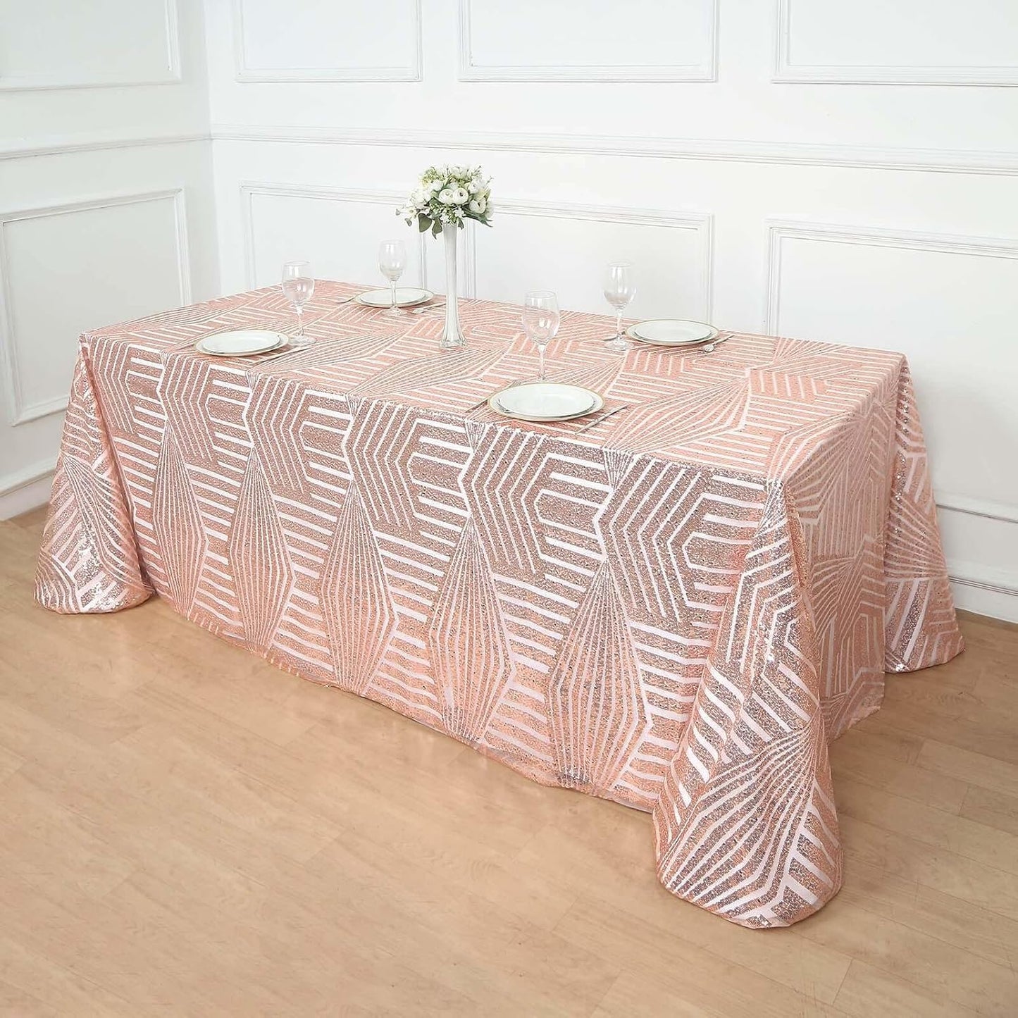 Efavormart 90"X132" Blush Rose Gold Sparkly Sequin Geometric Tulle Rectangular Tablecloth