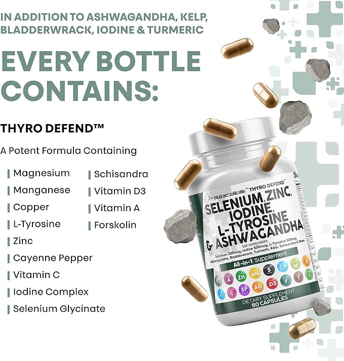 Clean Nutra Selenium 300mcg Iodine 500mcg Thyroid Support for Women & Men | L Tyrosine 500mg Ashwagandha Supplement Bladderwrack, Turmeric, Kelp, Schisandra Zinc Pills Capsule Supplements