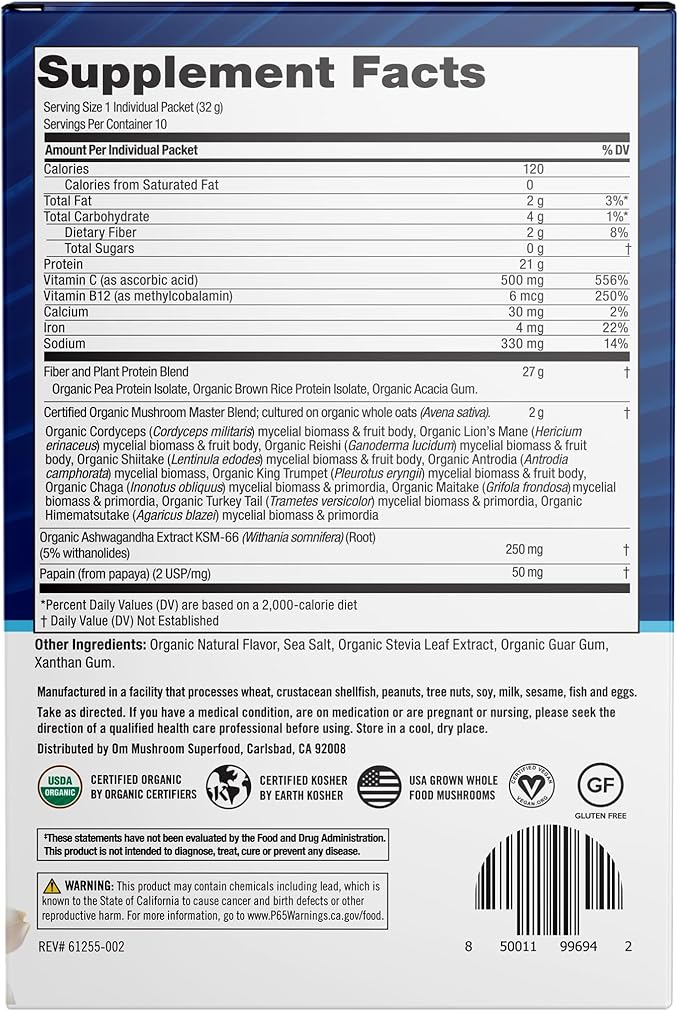 OM MUSHROOM SUPERFOOD Master Blend Mushrooms & Adaptogens, Creamy Vanilla Plant Protein, Single Serve, 10 Count, 10 Mushroom Complex, Lion's Mane, Ashwagandha, Stress Relief, GLP-1 Support