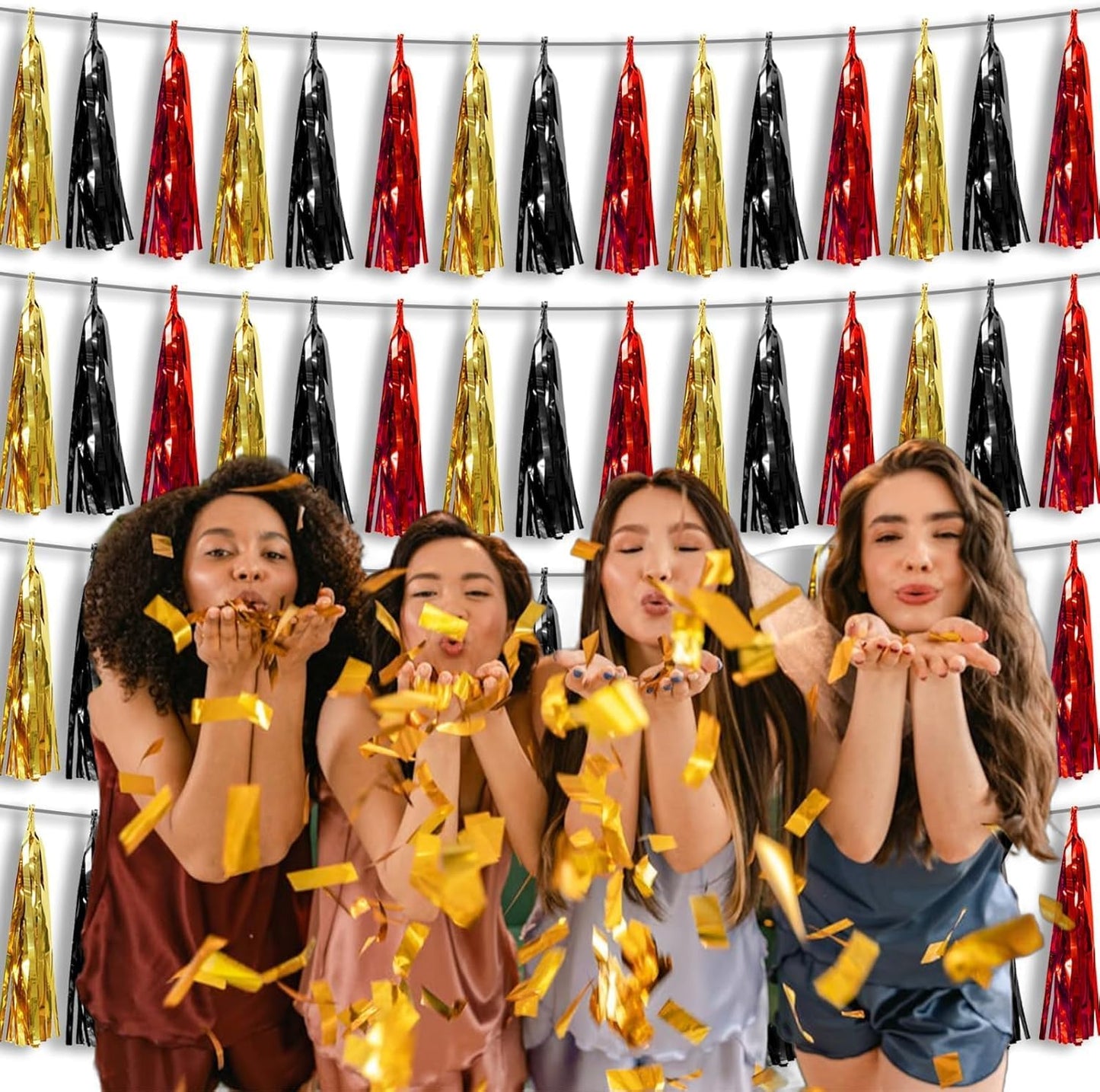 4P Red-Black Gold Foil Fringe Tassel Banner Garland Metallic Tinsel Streamers Wall Hanging Curtain Backdrop Banners for Parade Floats, 2025 Graduation Decorations, Baby Bridal Shower Party Decoration