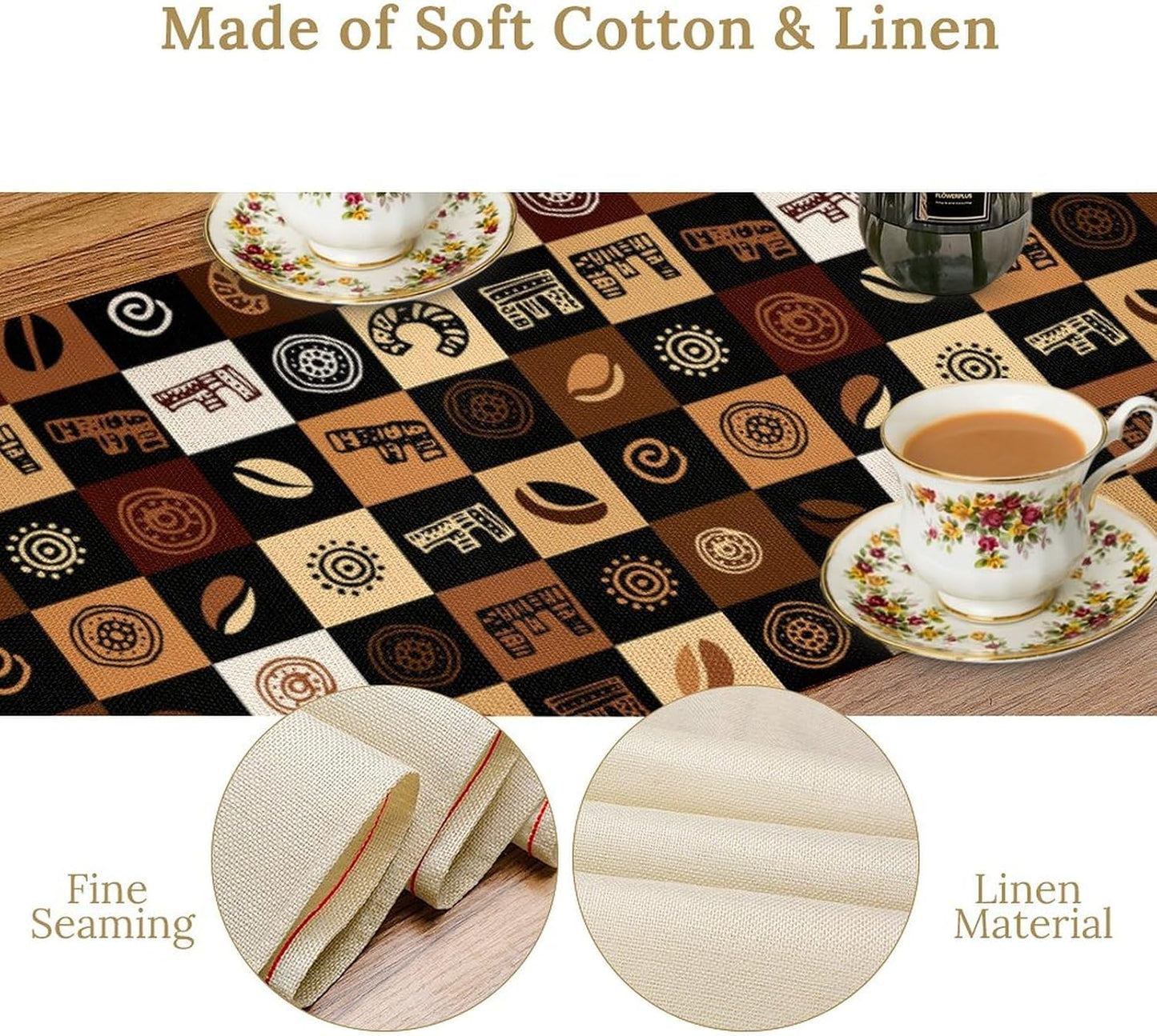 Coffee Theme Table Runner, Rustic Farmhouse Coffee Cup Latte Cappuccino Tea Party Cafe Table Center Decor for Home Kitchen Dining Patio Holiday Party Indoor Outdoor Table Decorations, 13"x108" Inch