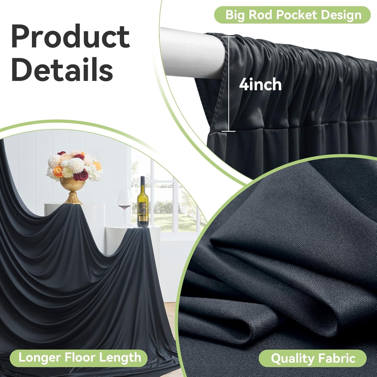 30ftx14FT Wrinkle Free Black Backdrop Curtain, 6 Panels 14FT Height Black Wedding Backdrop Drapes, Silky Polyester Back Drop Cloth for Birthday Photography Background Party Backdrop Draping