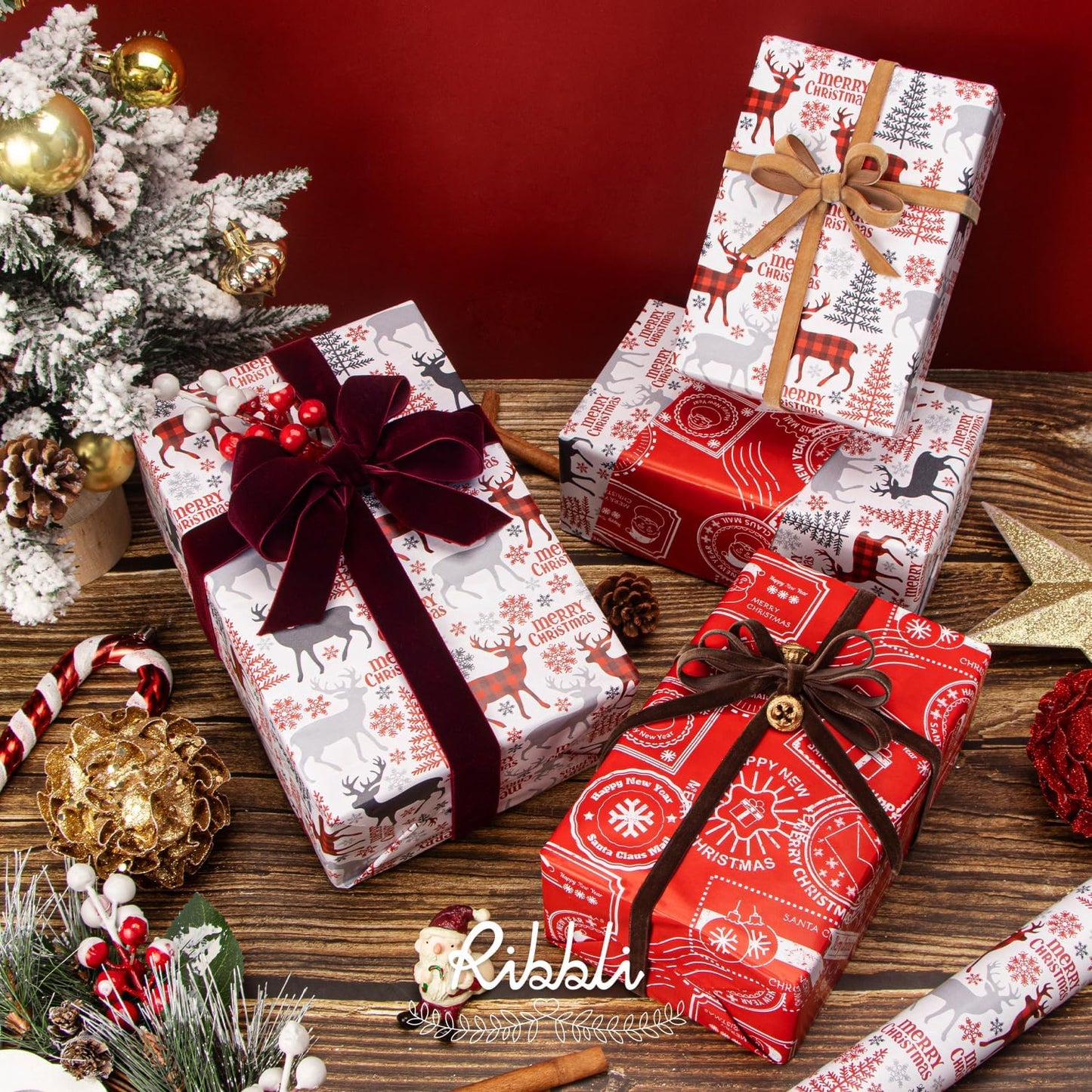 Ribbli Christmas Wrapping Paper Reversible Vintage Reindeer and Christmas Stamp Gift Wrapping Paper Rolls Holiday Presents Decoration-17 Inch x 33 Feet