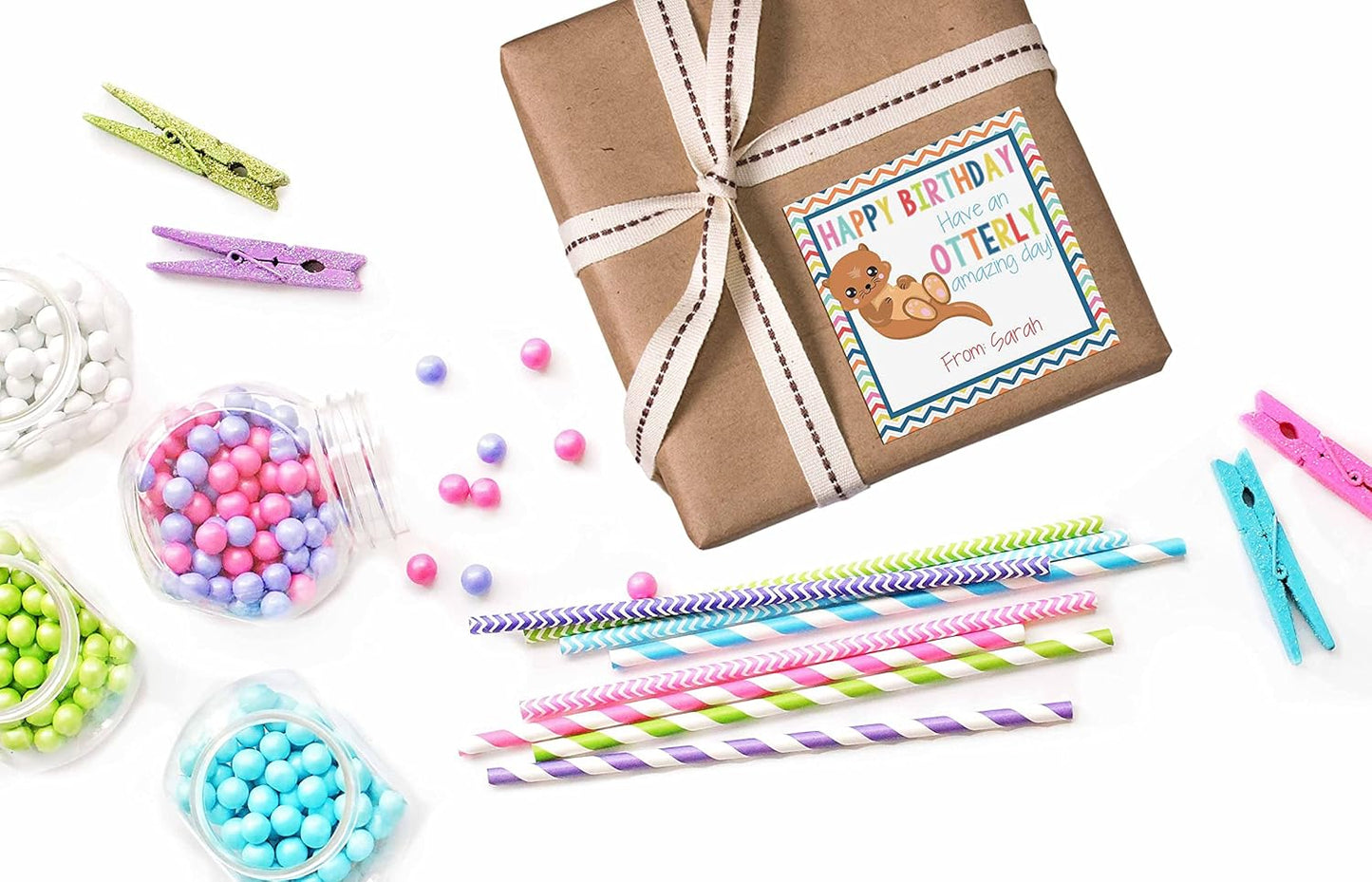 Custom & Personalized Adorable Otter Otterly Amazing Happy Birthday Gift Tag Sticker Labels, 24 2.5" Square Stickers by Amanda Creation