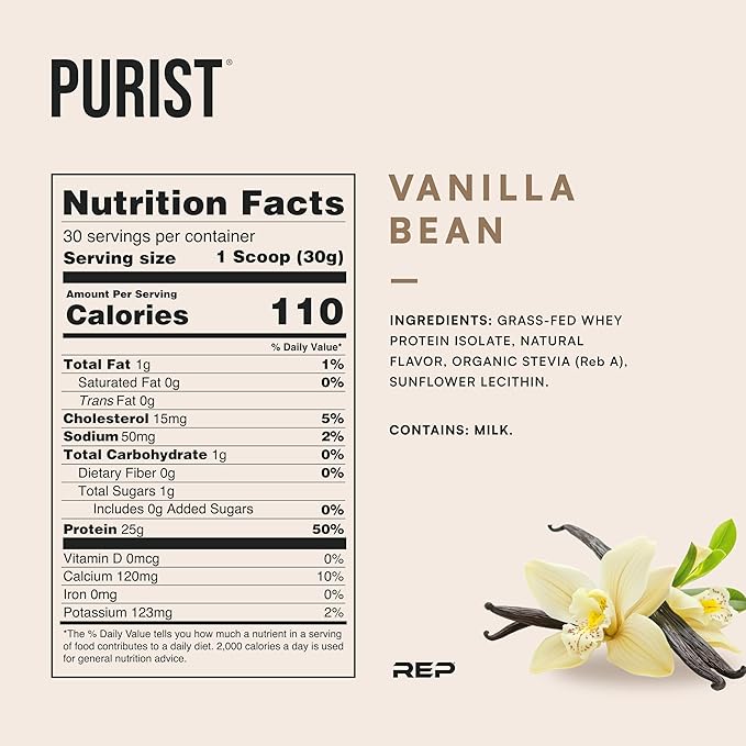 REP Purist Whey Protein Powder, Premium Vanilla Grassfed Isolate, Post-Workout Recovery, Keto Friendly, Clean Nutrition Meal Replacement, Promotes Lean Muscle, Sugar and Gluten-Free, Women Men, 2 Lb