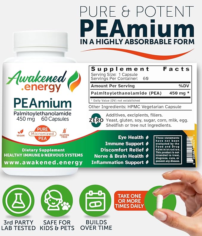 Palmitoylethanolamide 450mg Comfort Mobility Nerves Cognitive & Immune Support - Micronized High Absorption - All Natural Pea - USA Made - No Additives or Excipients – 60 Vegan Capsules Supplement