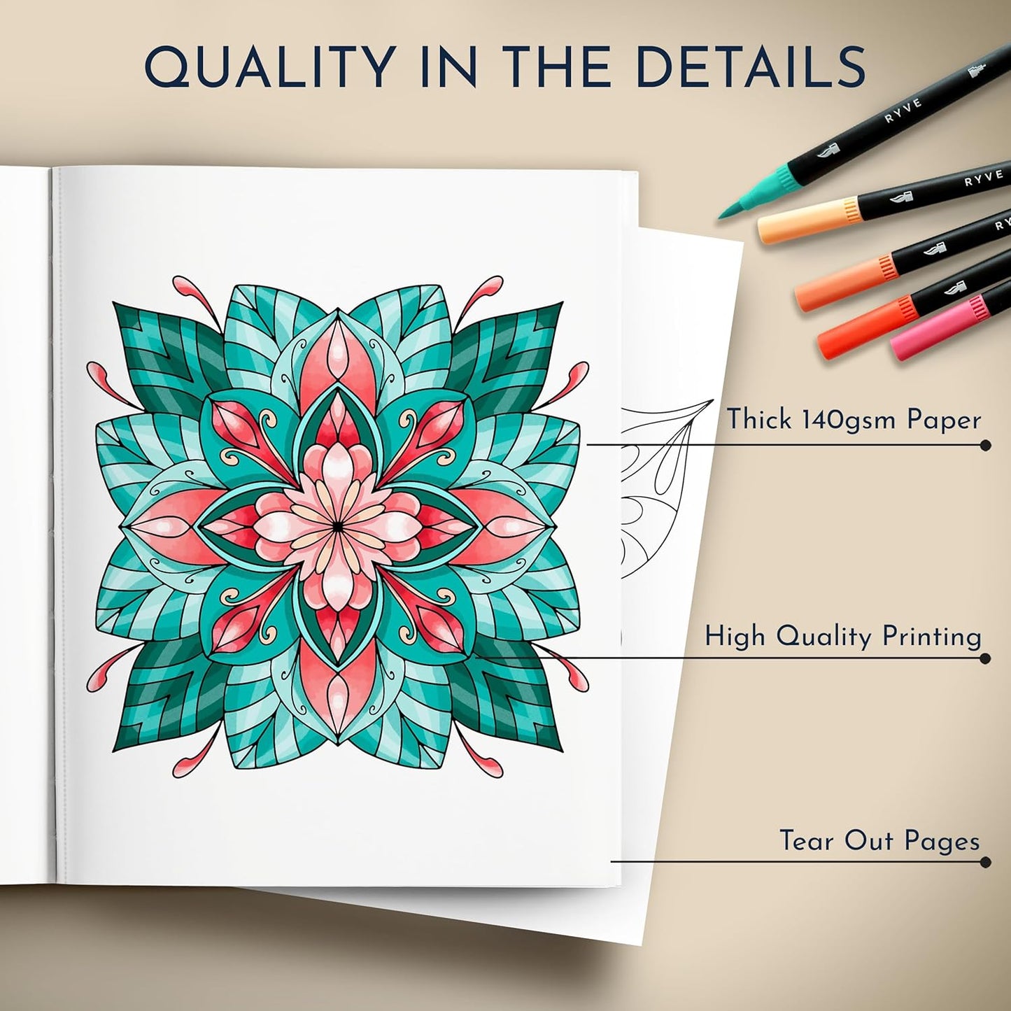 RYVE Mandala Coloring Book for Adults (2 Pack) – 60 Unique Mandalas for Relaxation, Anxiety & Stress Relief – Mindfulness Adult Coloring Book for Women & Men, Inspirational Gifts for Women