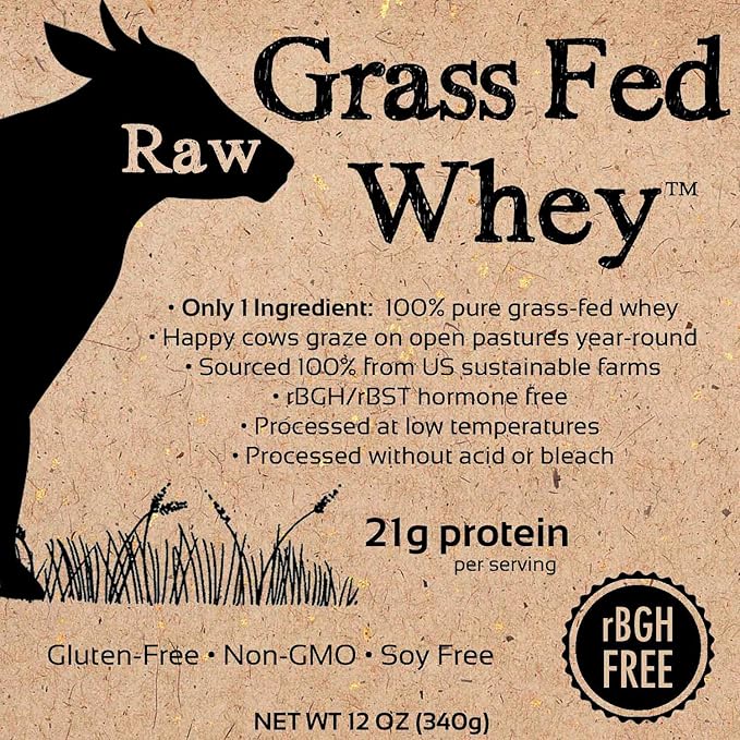 Raw Grass Fed Whey Protein Powder – Unflavored, Only 1 Ingredient: 100% Pure Grass-Fed Whey from Happy, Healthy Cows – Undenatured, Non-GMO, Hormone-Free, Gluten-Free, Made in USA, 12 OZ