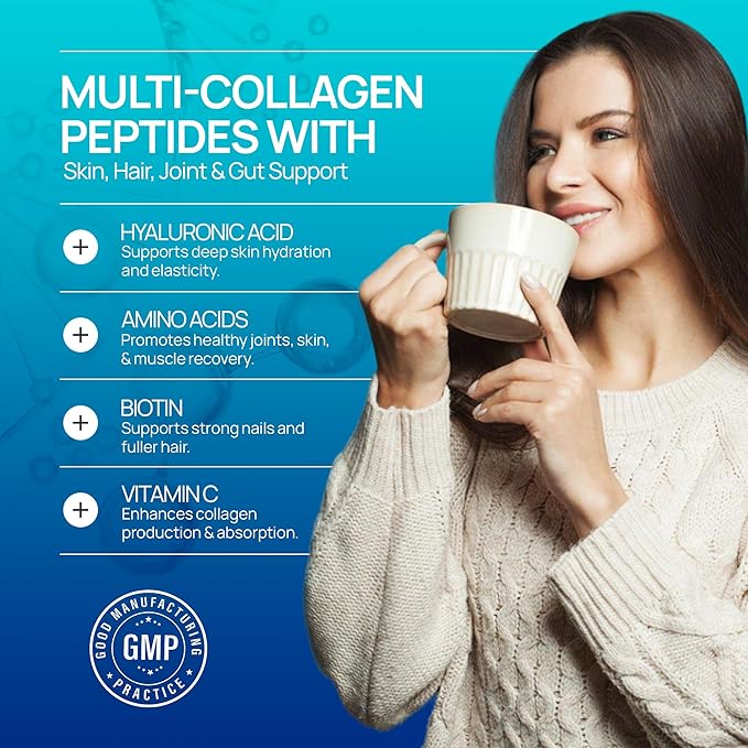 Multi-Collagen Peptides Powder | Hydrolyzed Types I, II, III, V & X | With Biotin, Hyaluronic Acid, Vitamin C | Supports Skin, Hair, Nails, Joints & Digestion | Unflavored, Sugar-Free | 1.1LB (500g)