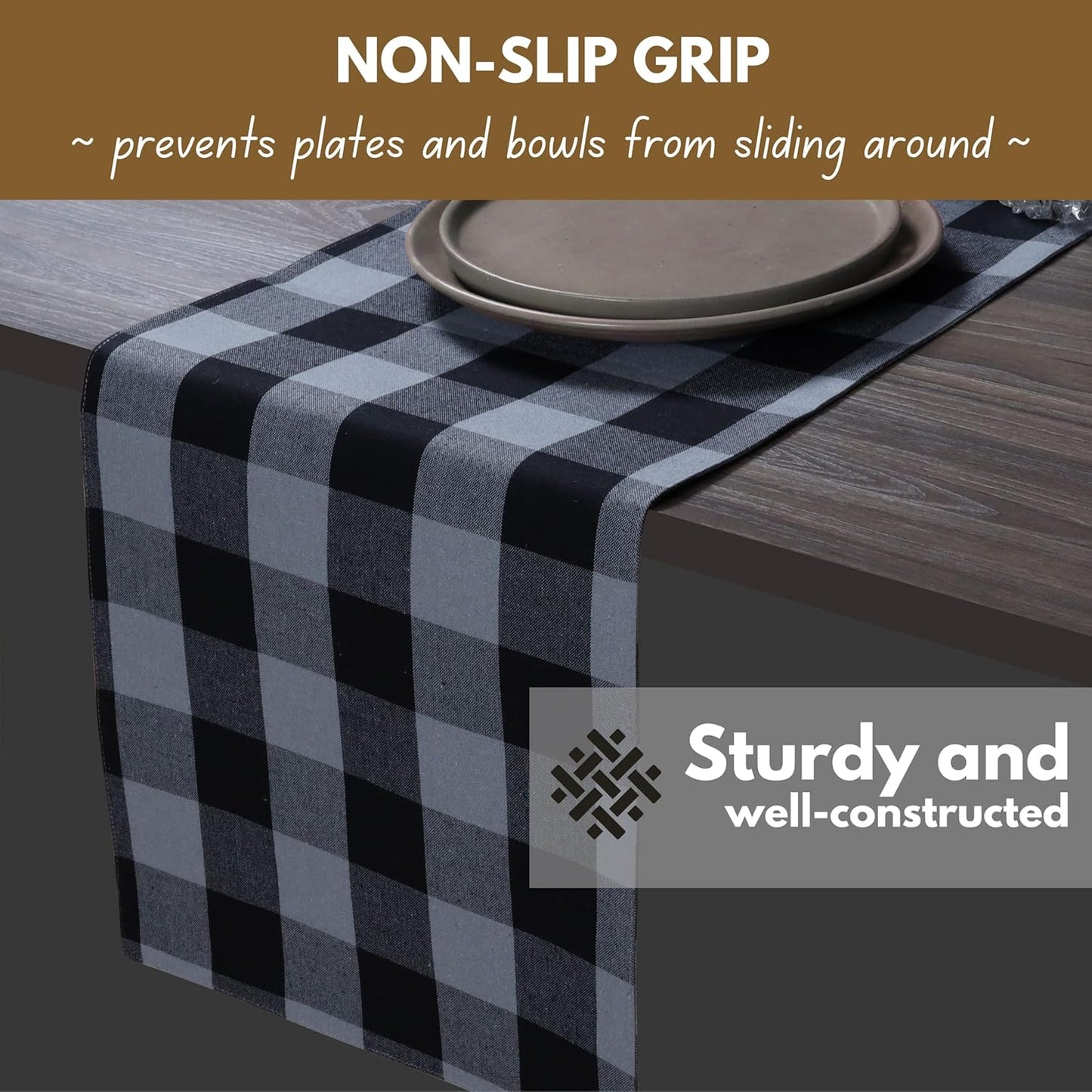 Native Fab Table Runner Buffalo Check Plaid 100% Cotton - 13x90 Inches Kitchen Dining Table Decoration for Indoor Outdoor Farmhouse Home Party Decor - Black, Grey