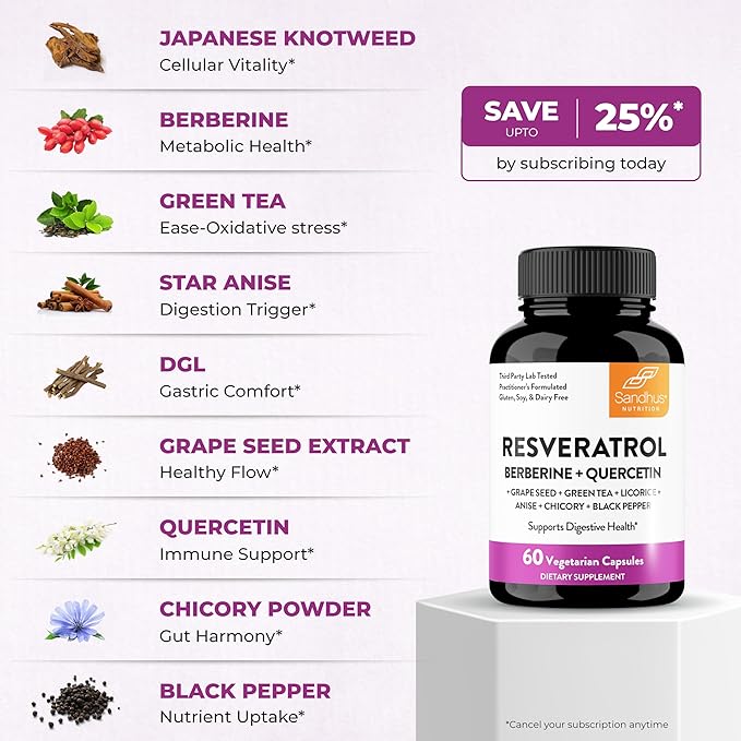 Sandhu's Resveratrol with Berberine for Gut Health | Digestive Supplement for Women & Men | Green Tea, Star Anise, DGL, Grape Seed Extract & Quercetin | Eases Bloating | 60 Capsules (Pack of 1)