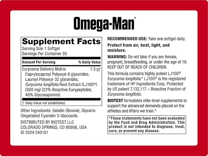 Biotest Omega-Man 300mg LJ100 – Elevates Free Testosterone with Enhanced Absorption - 30 Softgels