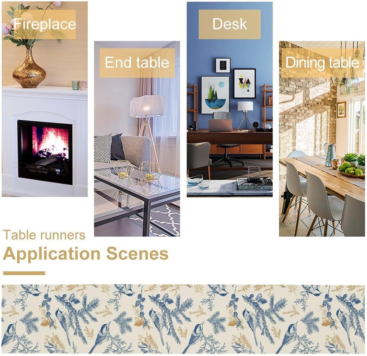 Floral Table Runner,Sketch Birds and Flowers Summer Table Runner Kitchen Dining Table Decoration for Home Party Decor 13x120 Inch