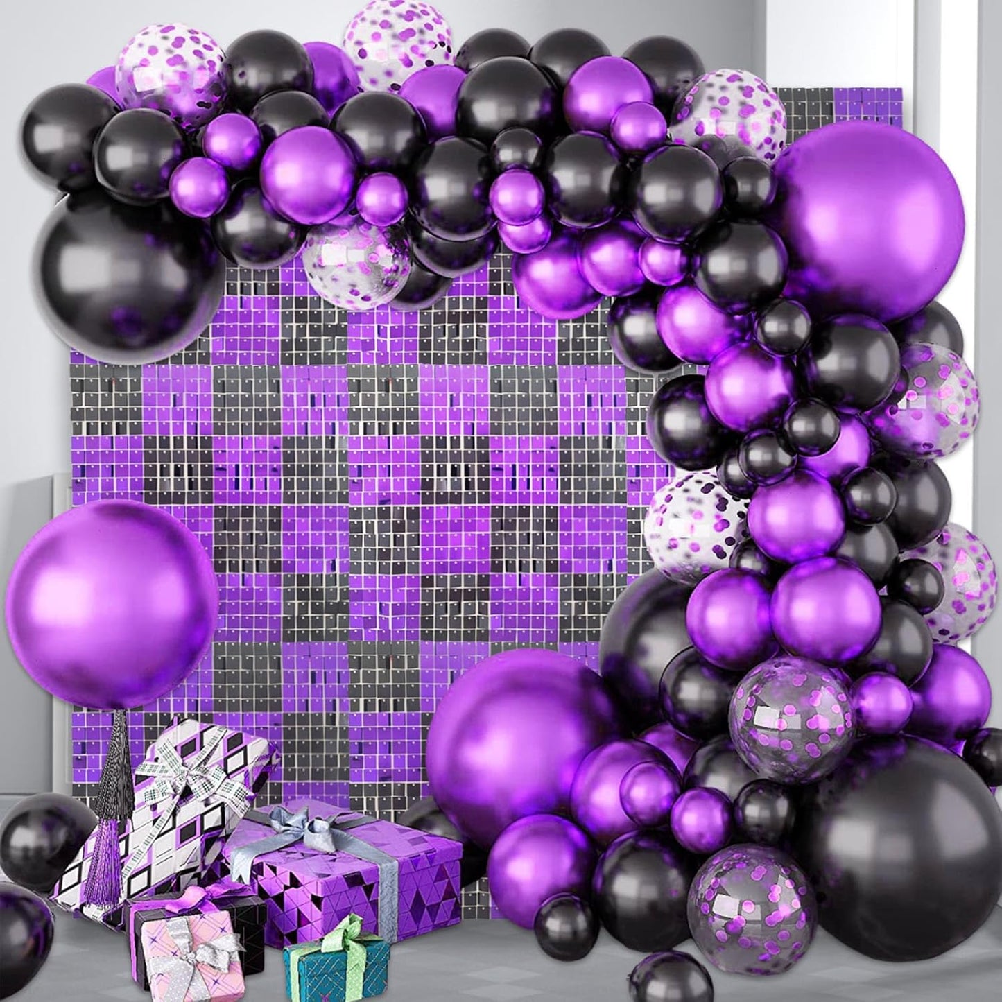 24PCS Black Purple Shimmer Wall Backdrop, Square Sequin Photo Backdrops Panel, Glitter Wall Background for Birthdays, Weddings, Christmas, Engagements, Halloween Party Decor (4FTx6FT)