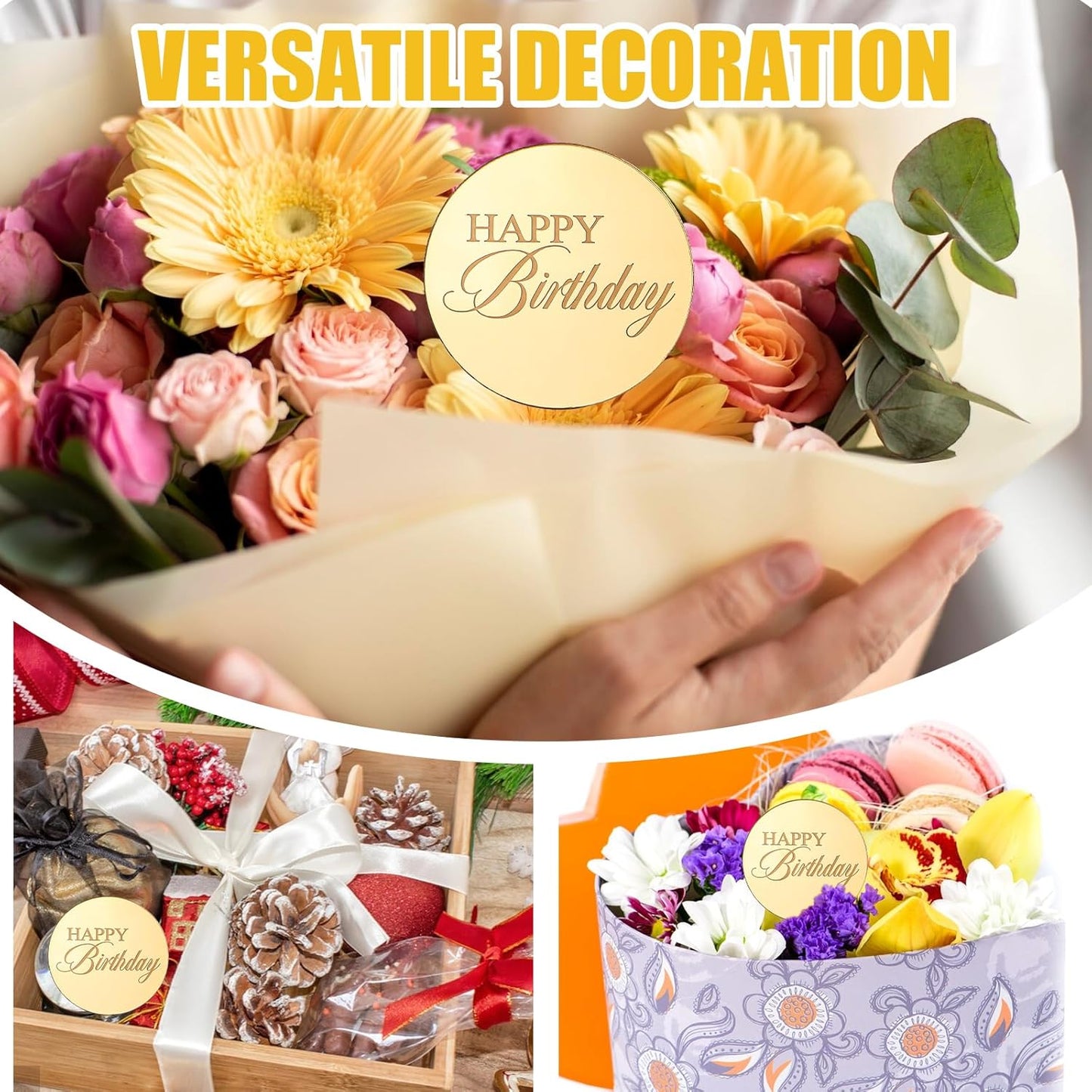 Mirror Round Cupcake Toppers Acrylic Circle Happy Birthday Cupcake Toppers, 20PCS Happy Birthday Cake Decorations, Round Engraved Cake Picks, Reusable Party Supplies, Gold