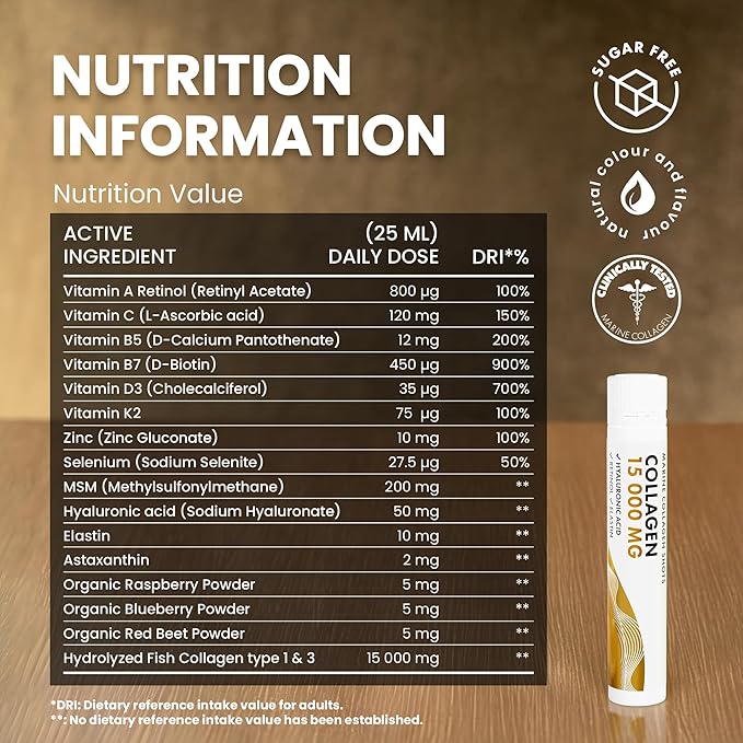 Swedish Nutra - Liquid Marine Collagen 15,000mg - 30 Shots I Hydrolyzed Collagen Peptides (Type I & III) I Hyaluronic Acid, Biotin, Vitamin C Sugar Free- 30 Day Supply