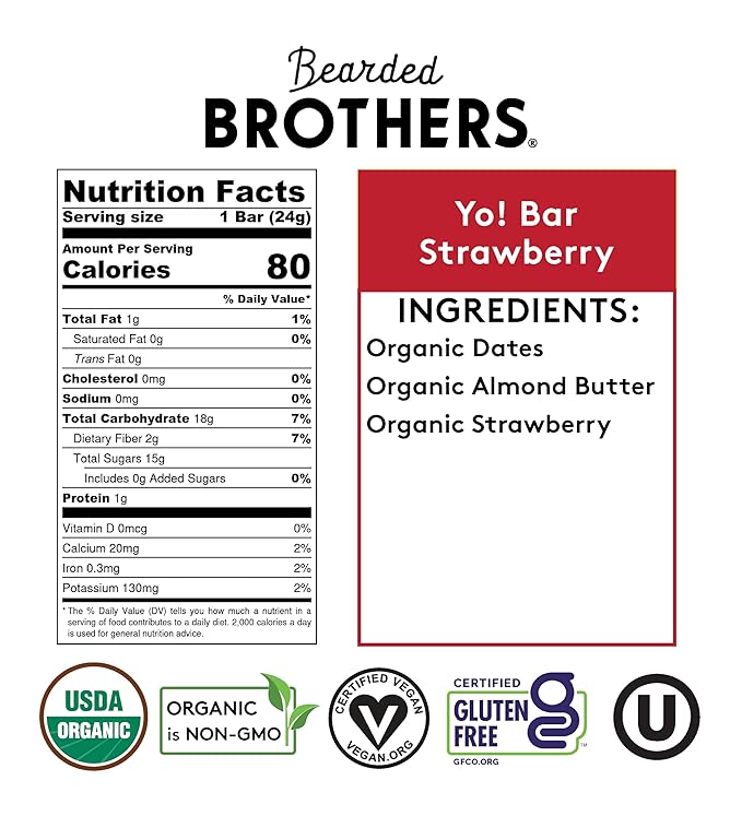 Yo! Bar by Bearded Brothers Vegan Organic Kids Bar, Strawberry (25 Bars) - Gluten Free, Paleo and Whole 30 | Soy Free, Non-GMO, Low Glycemic, No Sugar Added, Fiber + Whole Foods