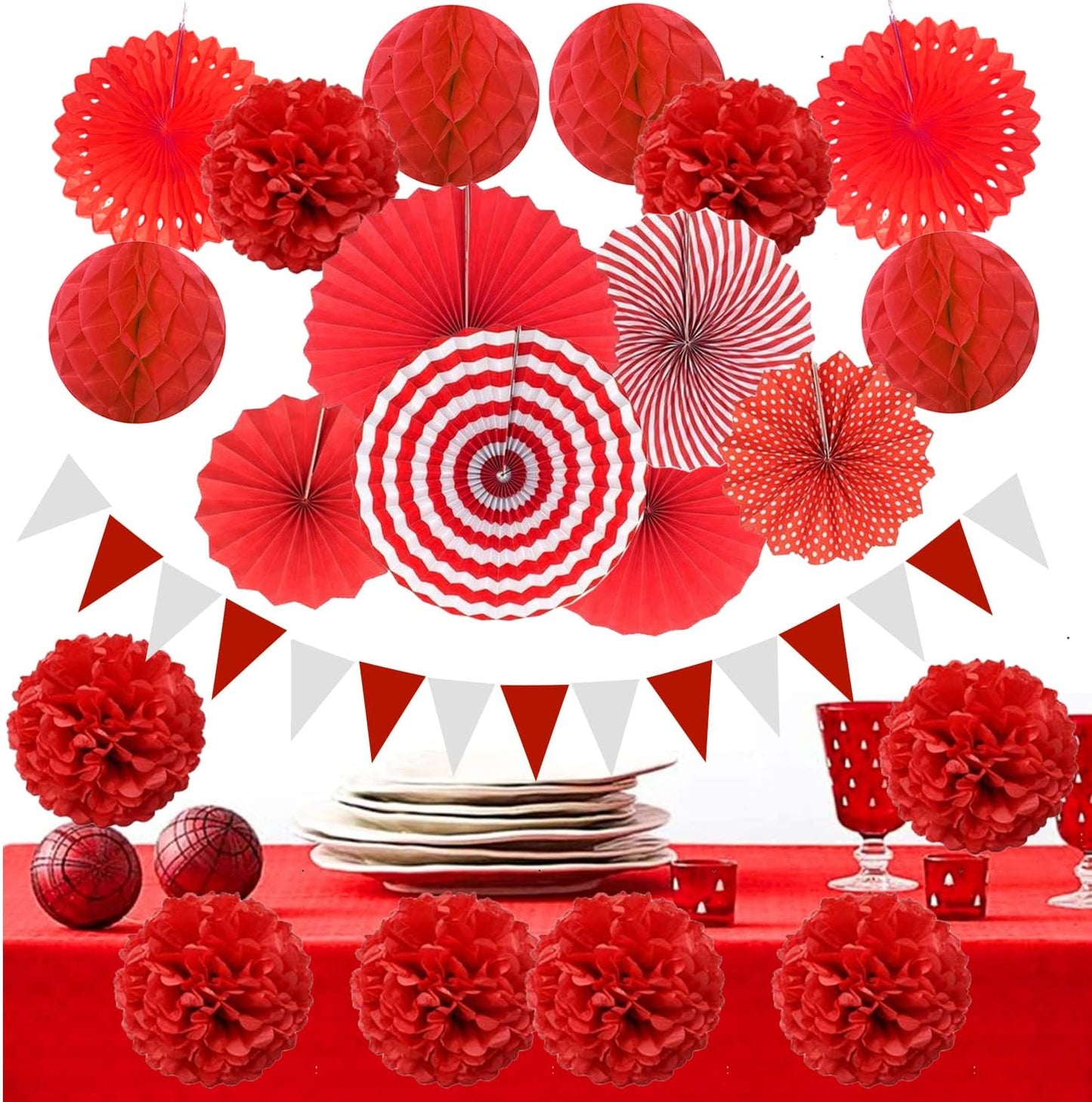 ZERODECO Party Decoration, 21 Pcs Red Hanging Paper Fans Pom Poms Flowers, Garlands String and Triangle Bunting Flags for Birthday Parties Baby Showers Wedding