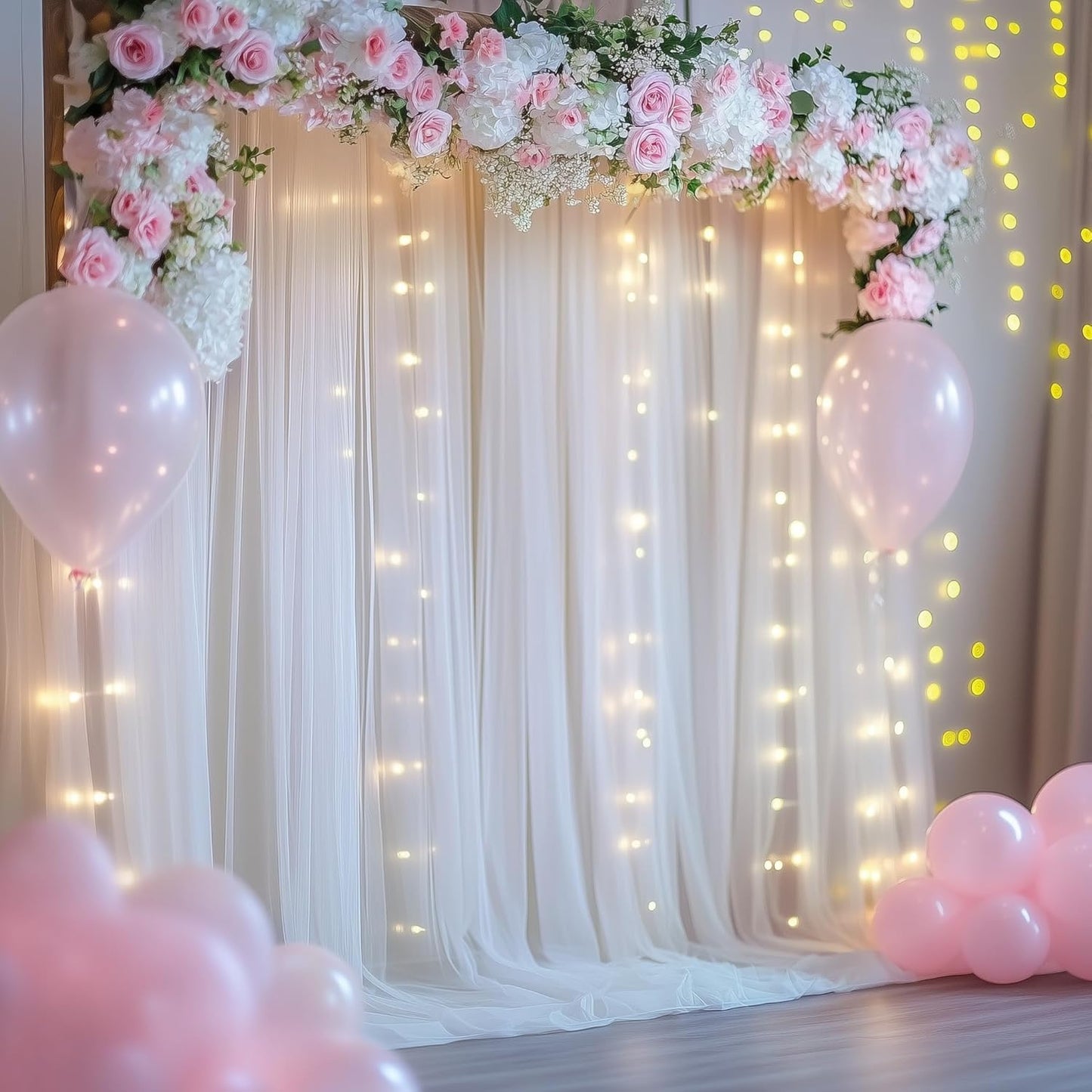 Tulle Backdrop Curtain with Lights String 10FT X 8FT Ivory Sheer Tulle Backdrop Curtains for Wedding Birthday Party Reception Photo Booth Background Decorations (2 Panels 5x8FT)