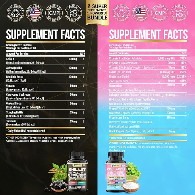 Adaptogen & Beauty Bundle – Rhodiola, Panax Ginseng, Ashwagandha, Cordyceps, Turmeric, Collagen, Biotin, Keratin, MSM, Hyaluronic Acid, Zinc, Quercetin, Vitamin C, A & E, Folate, Magnesium