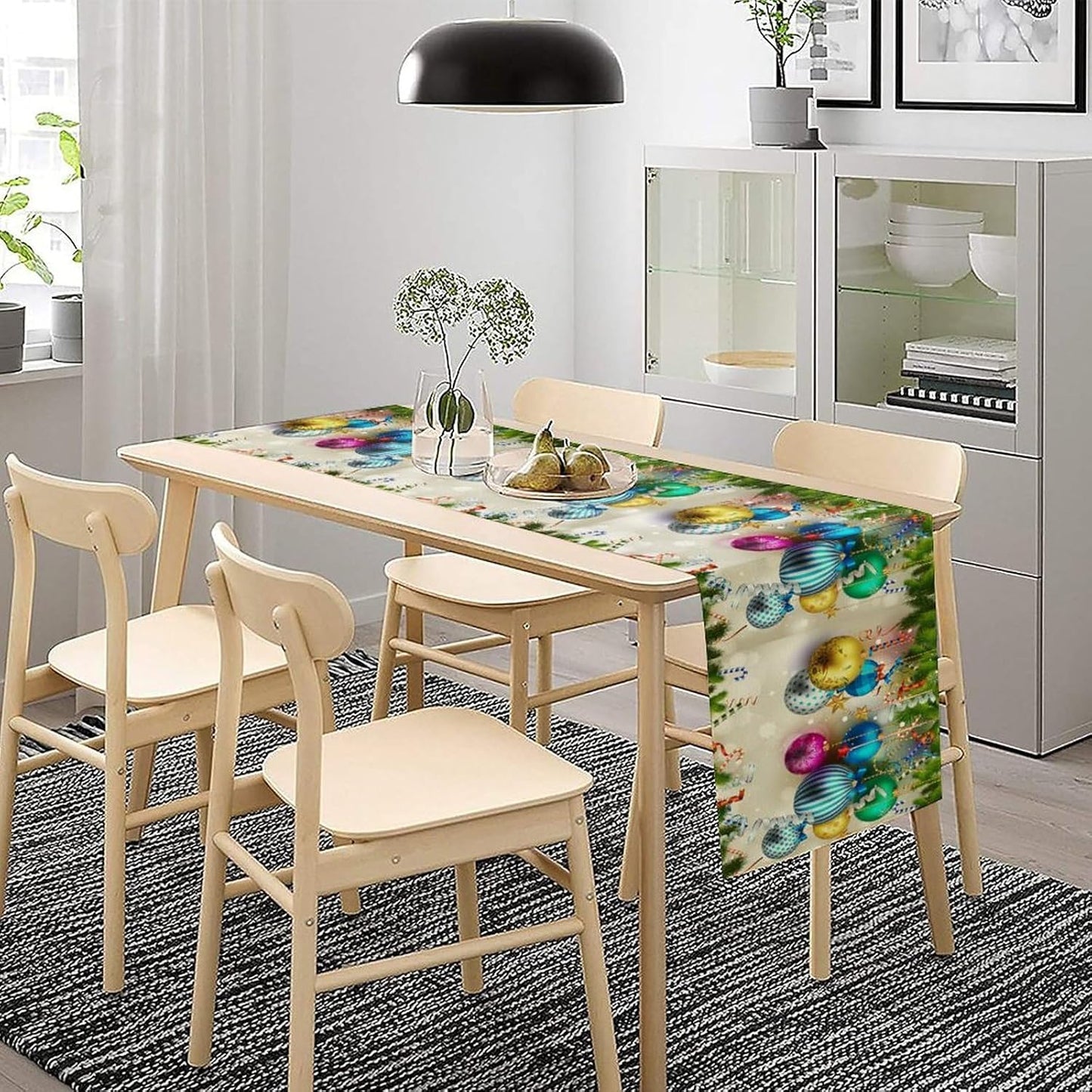 Christmas Table Runner,Colorful Balls Xmas Tree Snowflake Pattern Print Tablecloth Burlap for Hotel Indoors Outdoor Dining Room Kitchen Home Decor,W13X L90 in