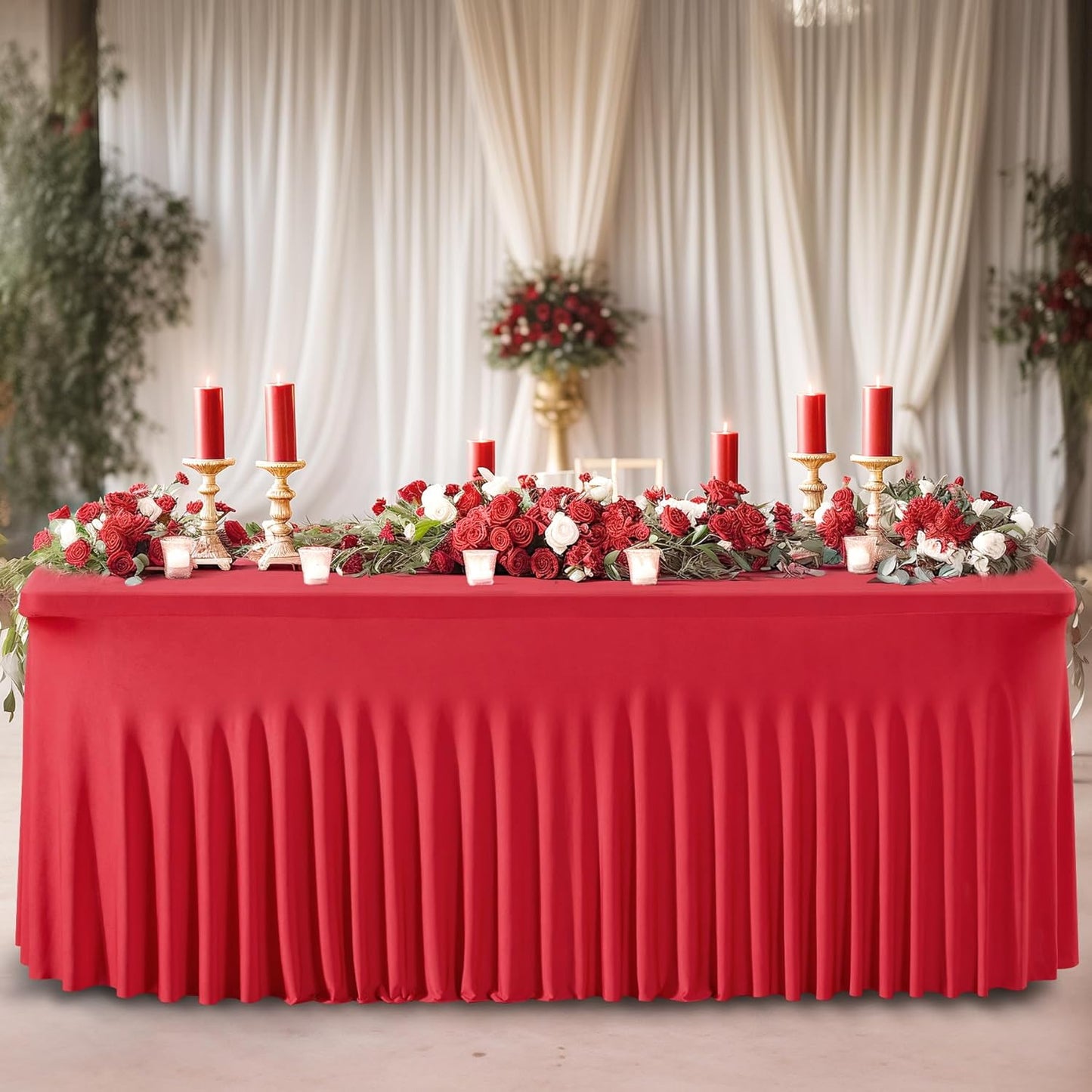 Wish Care 2 Pack Red Spandex Table Clothes for 8 Foot Rectangle Tables, 8FT Wrinkle Free Fitted Tablecloths Ruffles Design Stretch Table Cover for Party, Banquet, Wedding and Events