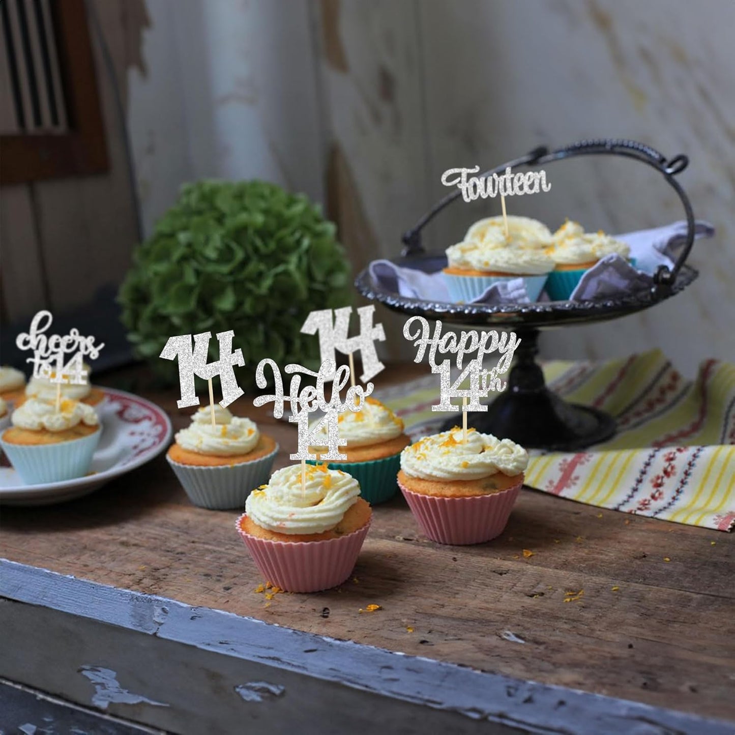 30Pcs 14th Birthday Cupcake Toppers Hello 14 Cupcake Picks Fourteen Cheers to 14 Years Old Cake Decorations for 14th Birthday Anniversary Party Supplies Silver Glitter