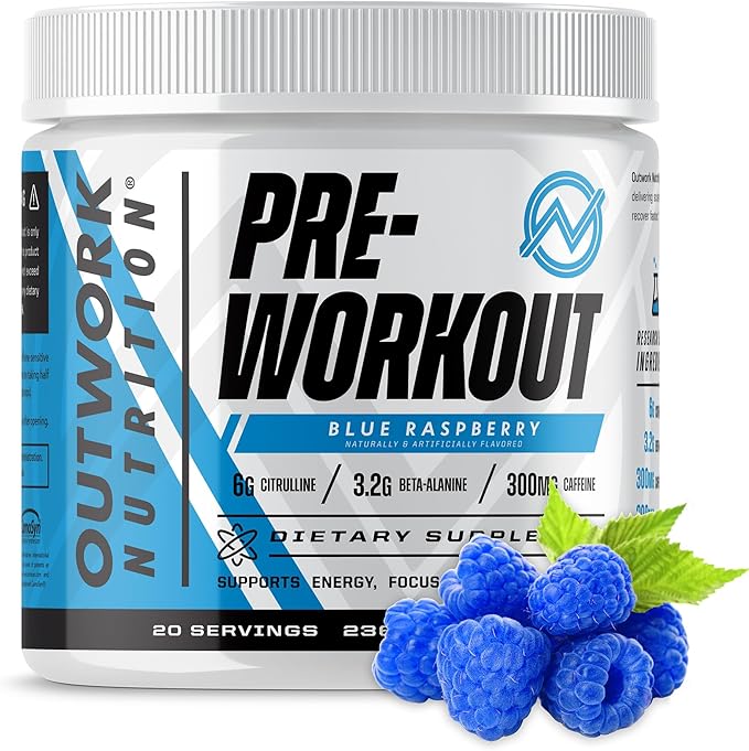 Outwork Nutrition Pre Workout Powder for Men & Women - Pre-Workout Supplements Without Creatine, Nootropic Preworkout with Citrulline Malate Beta Alanine Taurine Rhodiola Caffeine (Blue Raspberry)