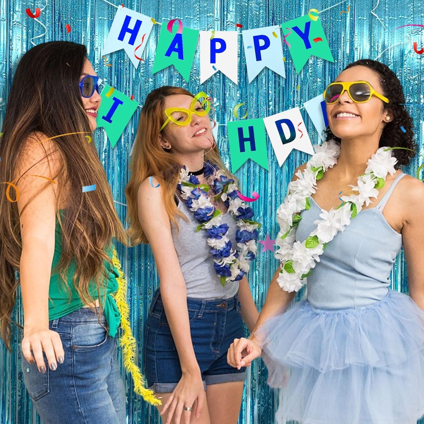 5 Pack Blue Tinsel Streamers Foil Fringe Curtains Backdrop for Baby Shower Graduation Gender Reveal Ocean Disco Theme Party Decorations