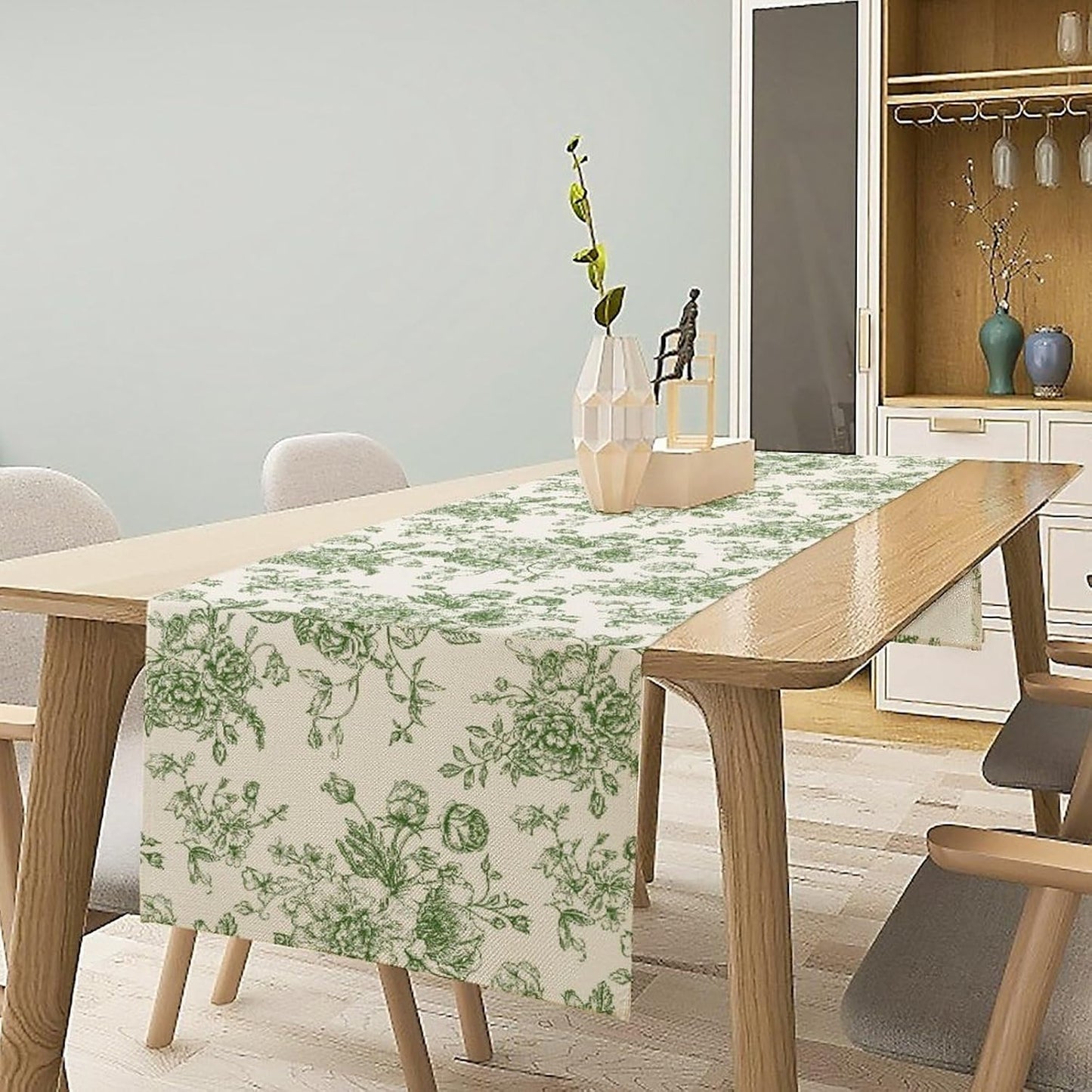 Vintage Flower Table Runner, Wildfloral Green Floral Sketch Pattern Print Table Runner for Kitchen Dinning Table Runner Decor Home Wedding Party Holiday, 13x36 Inch