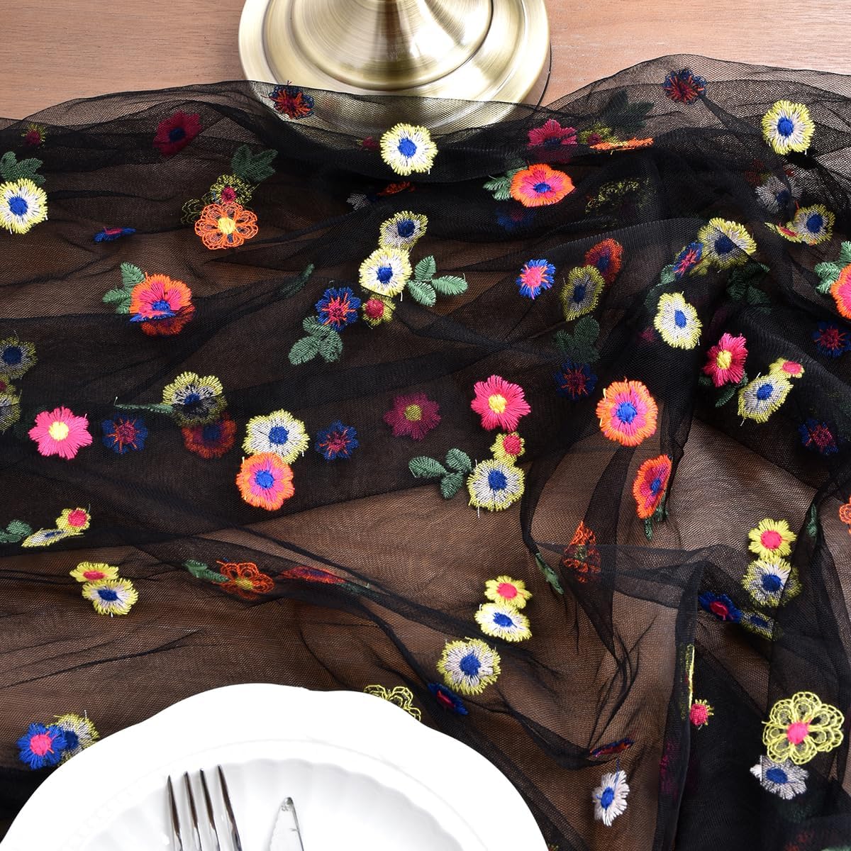 Joanlody 3pcs Black Embroidery Daisy Fall Thanksgiving Table Runner 10ft Florals Seasonal Tulle Table Runner Holiday Kitchen Dining Table Decoration for Home Party Indoor