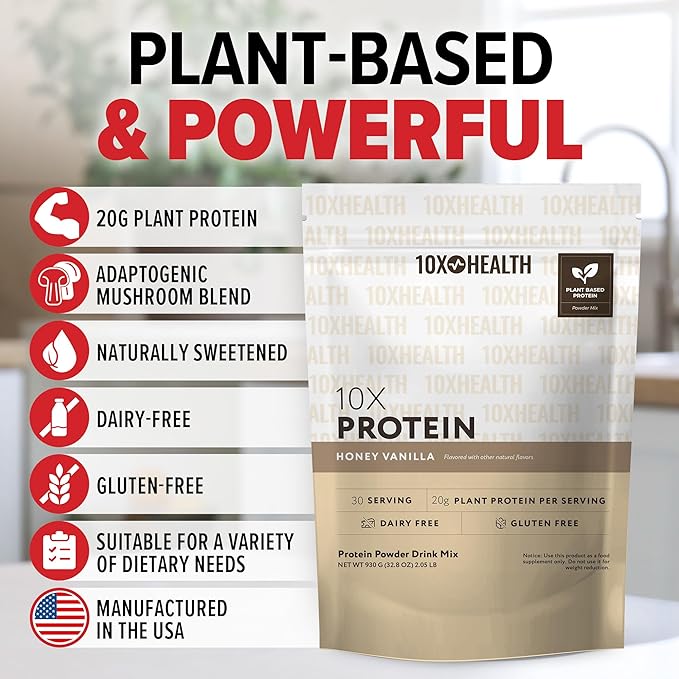10X Health Vegan Protein Powder - 20g per Serving Plant Based Protein Powder for Muscle Support, Strength & Nutrition - Dairy-Free & Gluten-Free - Honey Vanilla 2.3 lbs, 30 Servings