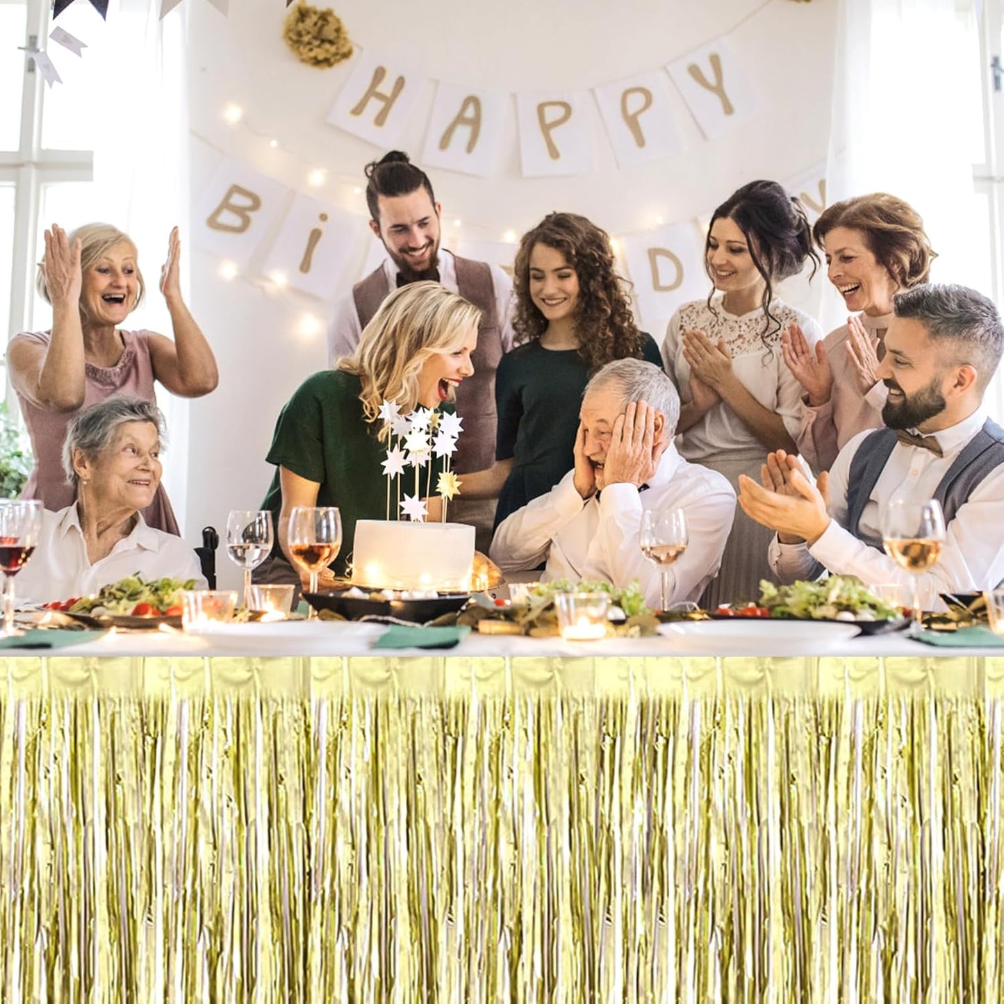 3 Pack 29 x108 Inch Light Gold Foil Fringe Table Skirts Metallic Banner for Tinsel Streamer Garland Backdrop for Parade Floats Wedding Thanksgiving Birthday Christmas New Year Party Decoration