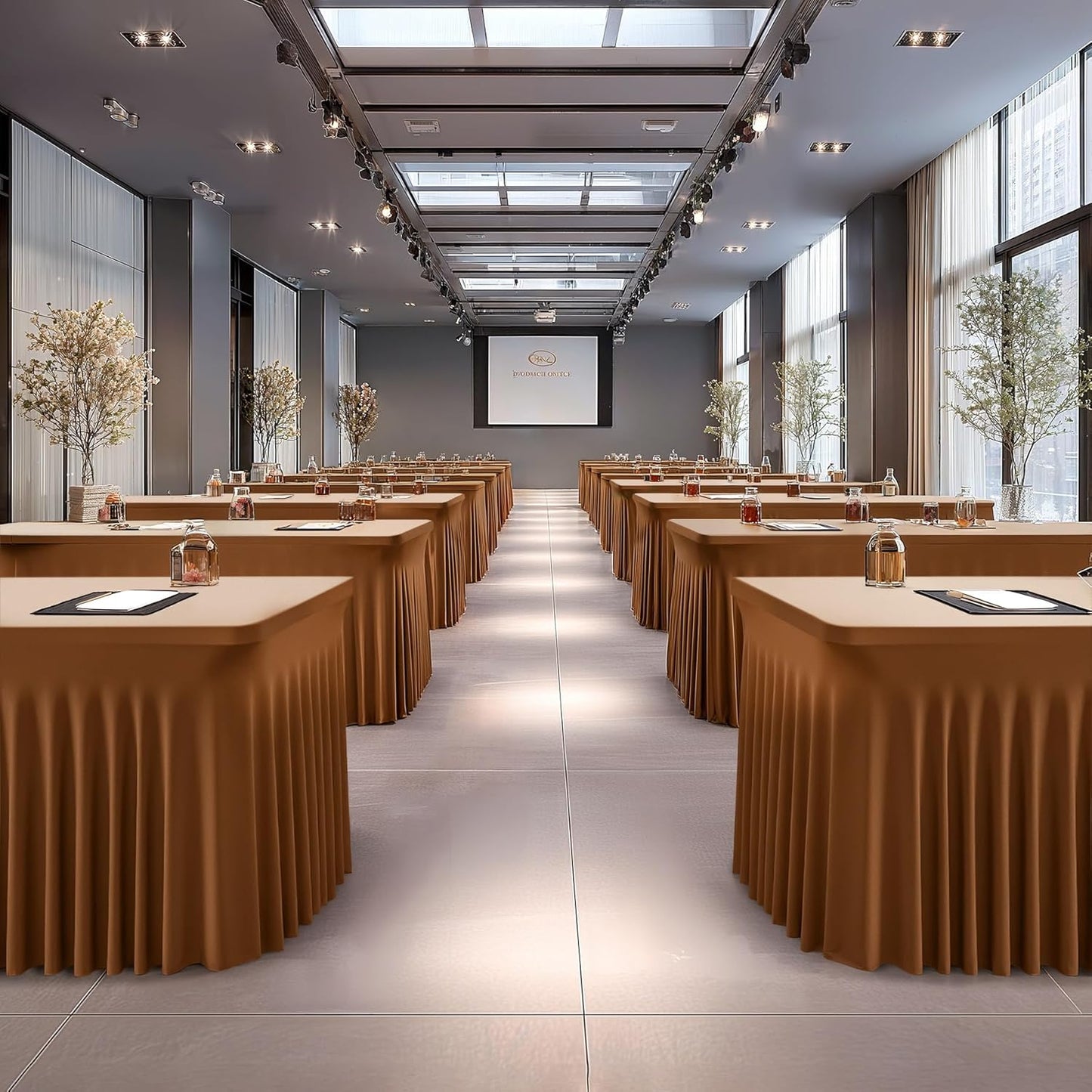 Wish Care 2 Pack Brown Spandex Table Clothes for 8 Foot Rectangle Tables, 8FT Wrinkle Free Fitted Tablecloths Ruffles Design Table Cover for Party, Banquet, Wedding and Events