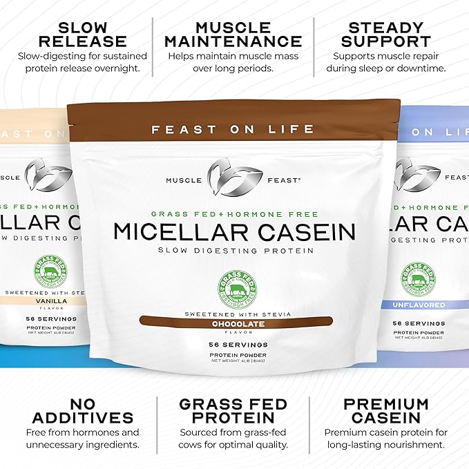 Muscle Feast Grass Fed Micellar Casein Protein Powder, Pasture Raised & Hormone Free, Slow Digesting Casein Protein - Supports Overnight Muscle Recovery, Gluten Free Protein Powder - Vanilla, 2lb