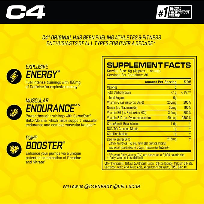 Cellucor C4 Original Pre Workout Powder ICY Blue Razz | Vitamin C for Immune Support | Sugar Free Preworkout Energy for Men & Women | 150mg Caffeine + Beta Alanine + Creatine | 30 Servings
