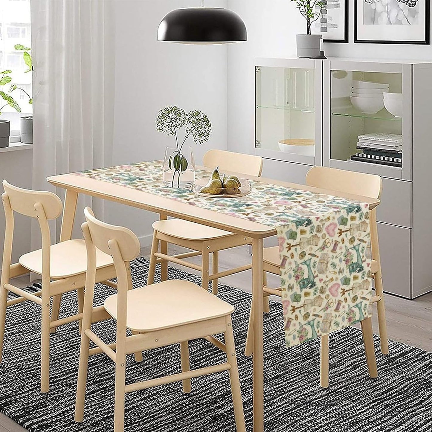 Sewing Theme Table Runner,Vintage Sewing Machine Tool Watercolor Pattern Print Tablecloth Burlap for Hotel Indoors Outdoor Dining Room Kitchen Home Decor,W13X L90 in