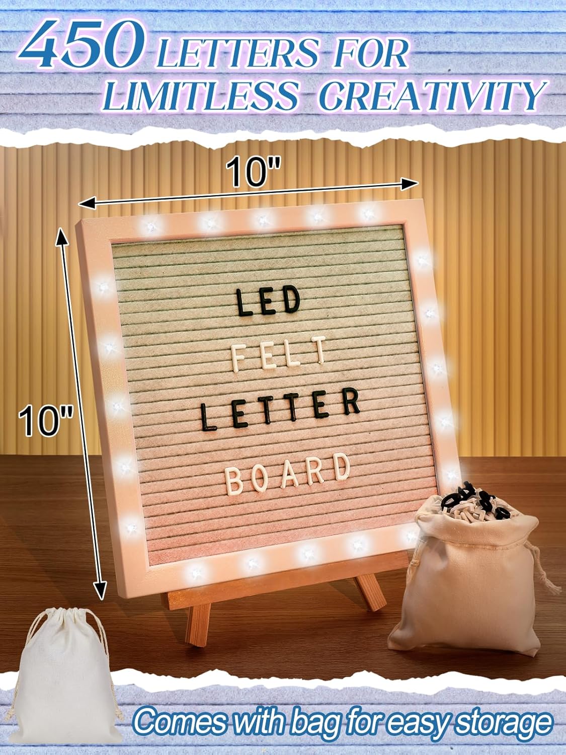 Light up Changeable Felt Letter Board Sign with LED Lights - 10×10" Message Board & Wood Stand & 450 Letters, for Halloween/Birthday/Event/Pregnancy/Baby Announcement/Home Wall Decor Gifts, Gradient