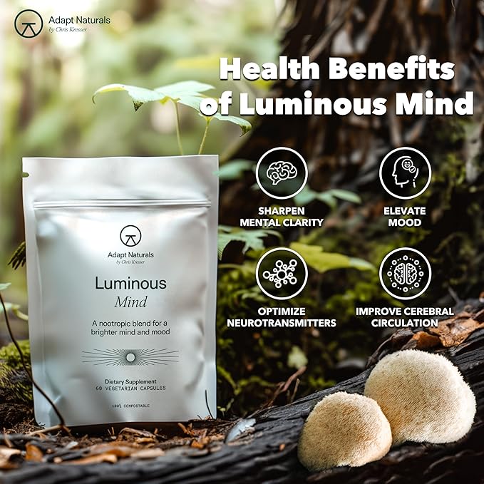 Adapt Naturals Luminous Mind Nootropic Brain Supplement with Ginkgo Biloba, Bacopa and Lions Mane | Memory, Focus, Mental Clarity and Elevated Mood Support | No Caffeine, Crash Free - 60 Days Supply