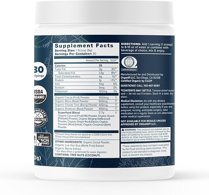 Organifi Harmony - Hormone Support - Eases PMS Symptoms - Energizes You - Regulates Menstrual Cycle - Best Served Hot - Gluten Free and Vegan Cacao Powder, 30 Servings