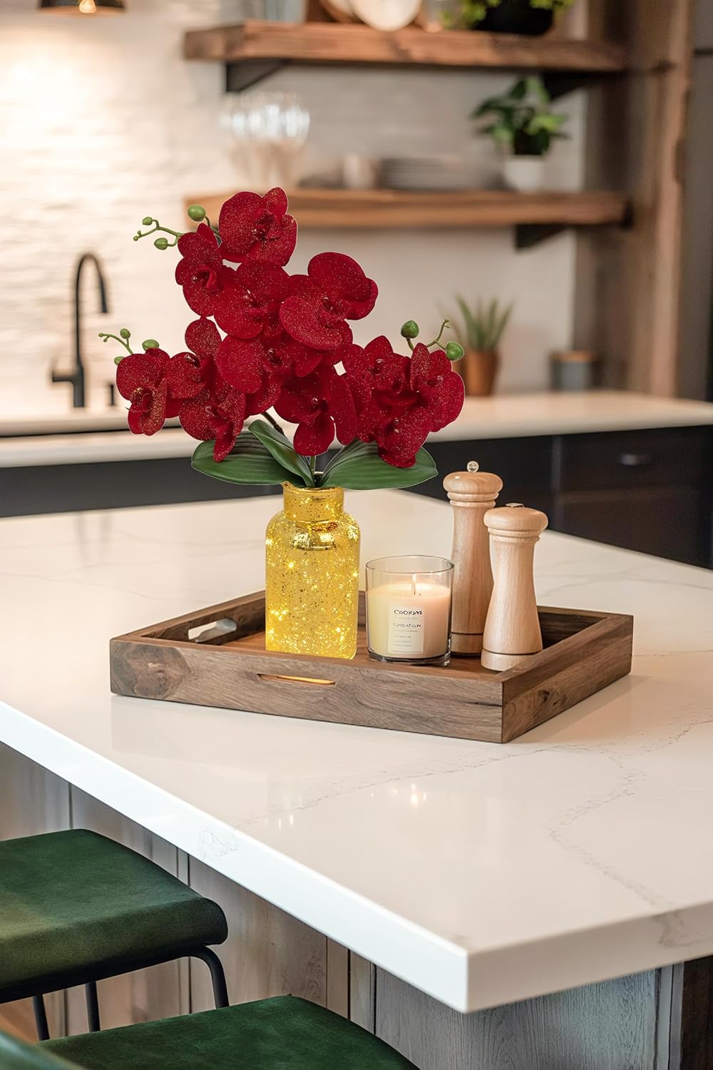 Red Orchids Artificial Flowers Faux Orchid Arrangement with Gold Glass Vase Real Touch Velvet Phalaenopsis Orchid Flowers Orchids Centerpiece for Dining Room Table