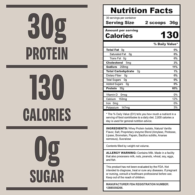 Vanilla Whey Protein Powder, 30G of Protein, Low Calorie & Fast-Absorbing, 0 Sugar, Soy-Free & Gluten-Free Protein Powder, 30 Servings