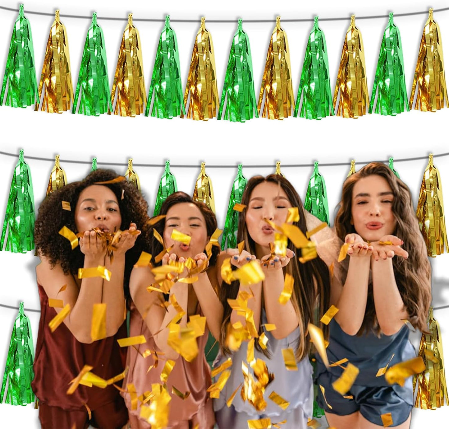 3P Sage-Green Gold Metallic Fringe Tassel Banner Garland Foil Tinsel Streamer Wall Hanging Curtain Backdrop Banners for Parade Floats, Graduation Decorations, Woodland Party Decoration