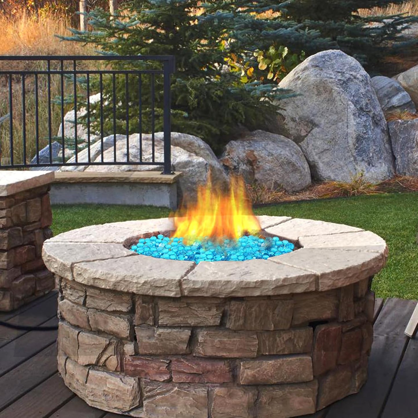 Fire Glass, Caribbean Blue Fire Rocks for Propane Firepit, Fireplace and Outdoor Decorative. 3/4 High Luster Round Glass Rocks, 10LB