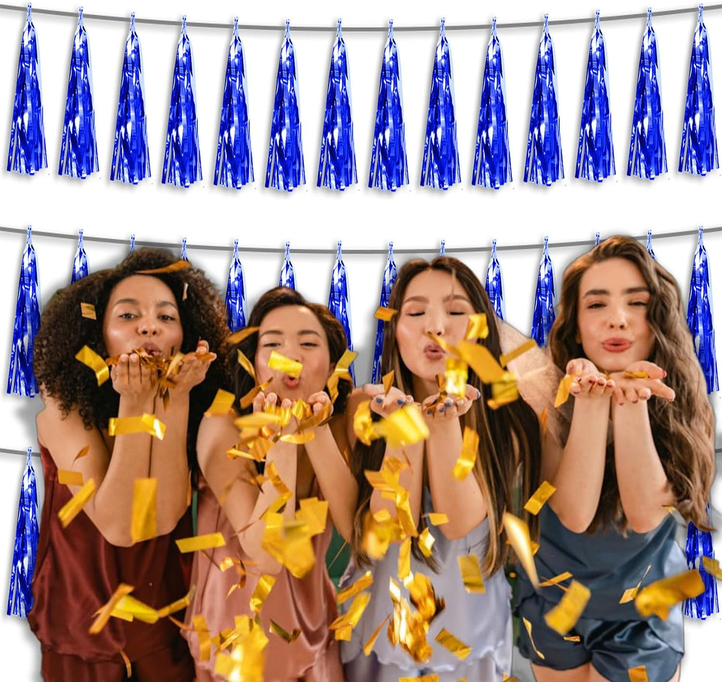 3P Metallic Fringe Tassel Banner Garland Foil Tinsel Streamer Wall Hanging Curtain Backdrop Banner for Parade Floats, Graduation Decorations, Retirement Party Decoration(Blue