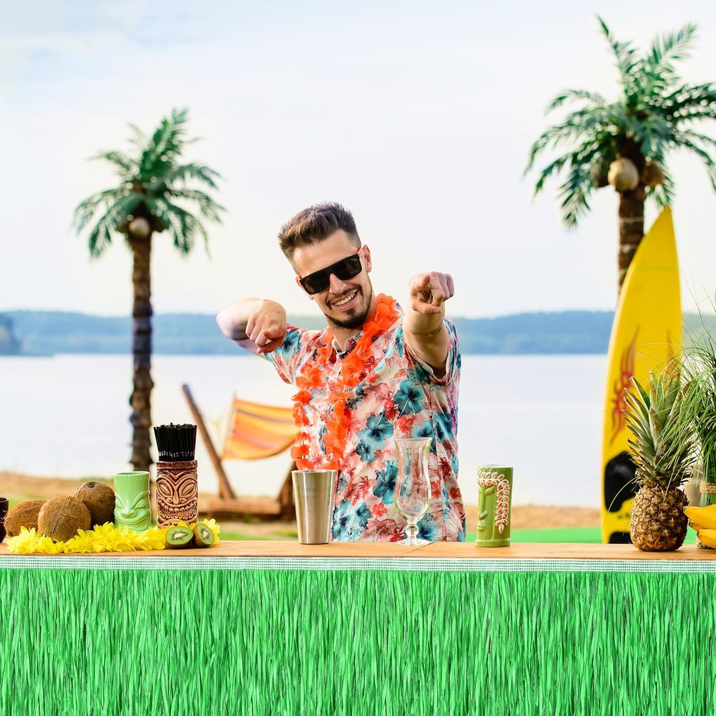 Fovths 4 Packs Luau Grass Table Skirt Fringe Straw Green Grass Skirt 108 x 30 Inch Hibiscus Hawaiian Table Skirts Rectangle Tropical Luau Party Decorations for Hawaiian Decorations