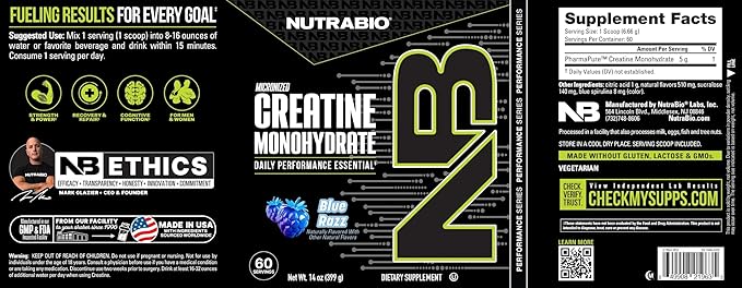 NutraBio Pure Micronized Creatine Monohydrate Powder Supplement, Blue Razz Burst(300 g) - Supports Bulk Muscle Energy, Recovery, and Strength - HPLC Tested Creatine Powder Supplement for Men and Women