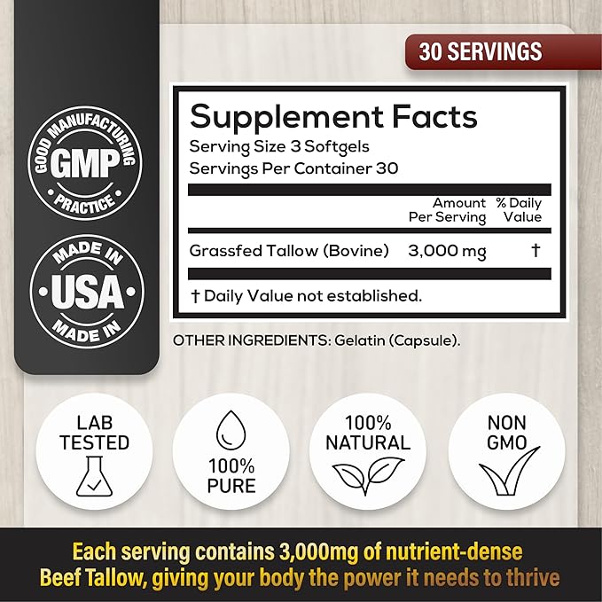 Wild Foods Grass-Fed Beef Tallow Capsules | 3,000mg Per Serving | Pure Ancestral Nutrition for Skin, Hormones, and Energy | Keto, Paleo & Carnivore Diet Approved | 30-Day Supply
