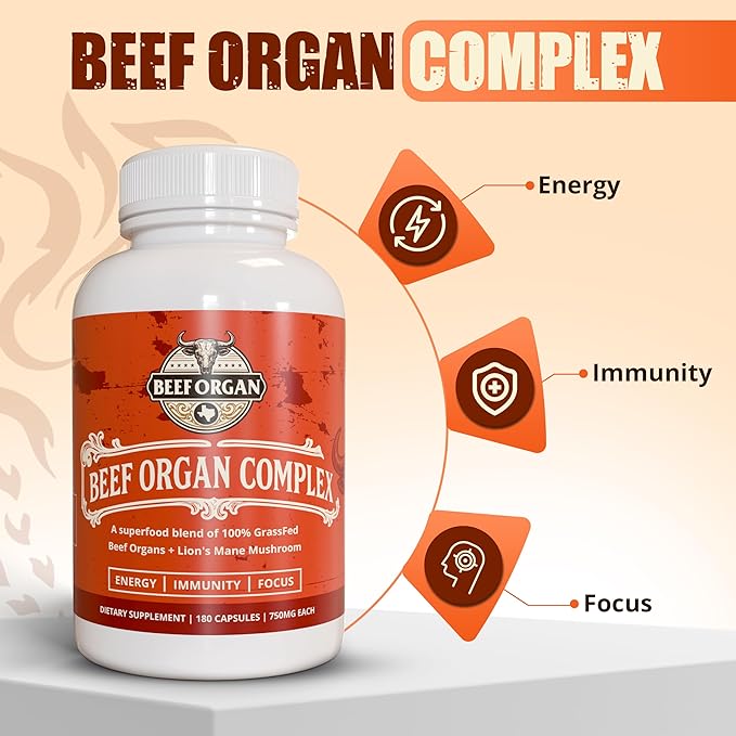 Superfood Blend Grass Fed Beef Organ Supplement for Men & Women 180 Capsules 30-Day Supply - 5 Beef Organ & 3 More Ingredients - Pasture Raised Organ Complex - Support Immunity & Focus