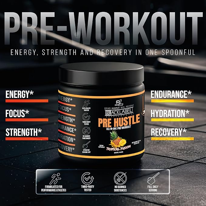 BLACKLABEL Supplements PRE Hustle V3 Pre-Workout Powder – NSF Certified for Sport – Energy, Strength & Endurance Support – Tropical Fusion Flavor – with Creatine & Caffeine – 30 Servings